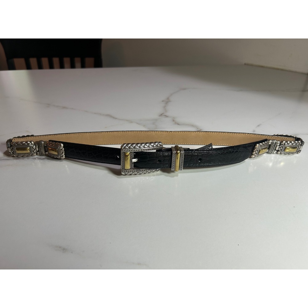 Brighton Black Croc Embossed Leather Belt Silver Gold Two Tone Concho USA 44203